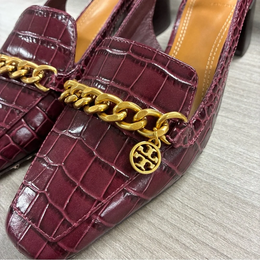 Tory Burch Mini Benton Charm Slingback Loafers, Burgundy Crocodile Embossed Sz 6
